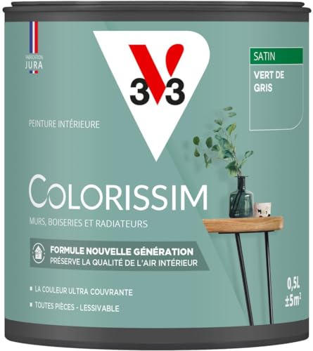 V33 Peinture multi-supports Colorissim® Vert de gris satin 0,5L | Peinture Murs Boiseries Radiateurs, Ultra-couvrant, Toutes pièces, Lessivale, Qualité de l'air intérieur, Couleurs intenses