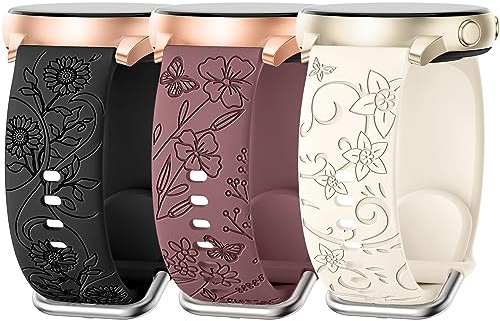 AMSKY 3-delat Armband med Gravyr och Blommönster, Kompatibel med Samsung Galaxy Watch 7/6/5/4 40mm 44mm, Watch 6/4 Classic 43mm 47mm 42mm 46mm, 5 Pro 45mm, 3 41mm, 20mm Silikonarmband för Kvinnor