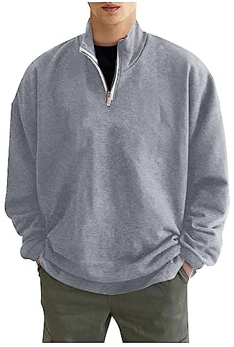 Herren Pullover Winter Stehkragen Mit Knöpfen Sweatshirts Für Herren Winter Pulli Vintage Druck T Shirt Tops Baggy Oversized Hoodie Herren Mode Sweater Passform Unterhemden Oberteils(5-Light Gray,XXL)