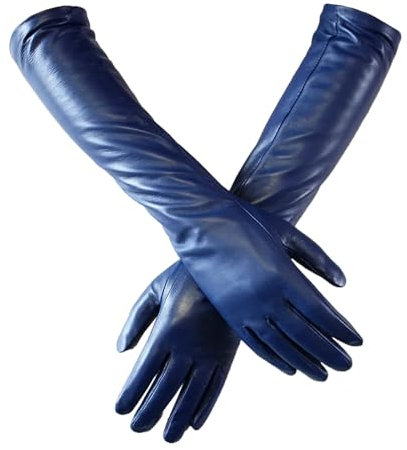 Lange Lederhandschuhe für Damen, Schaffell, dünn, über Ellenbogen, langes Fleecefutter, warme Winterhandschuhe, blau, 6 1/2