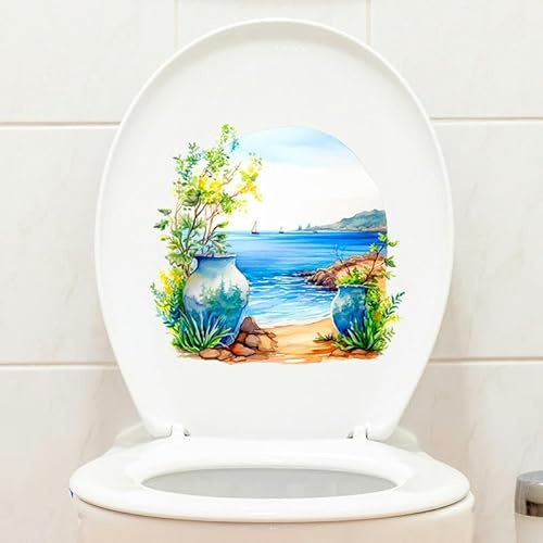 ANEIDA 29 * 27CM 5PCS Meer Landschaft Selbstklebende Toilettendeckel Aufkleber Lustige PVC wasserdichte Toilettensitz Aufkleber für Deckel Badezimmer Wandaufkleber