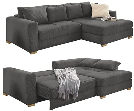 Dauerschlaf-Ecksofa mit Federkernpolsterung B288/T186/H86 cm, Bettkasten, Schlaffunktion mit 3 qm Liegefläche, Ottomane links oder rechts montierbar, mit Cord-Bezug in Grau Anthrazit / 15153