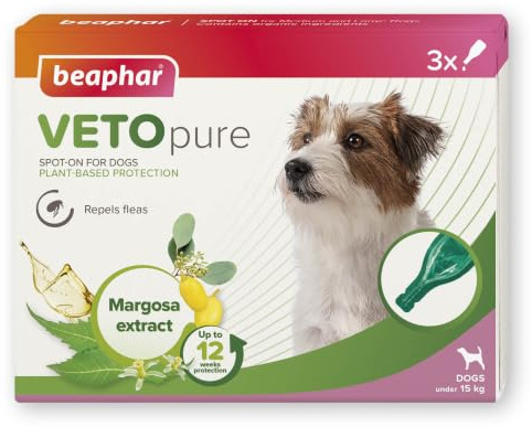 Beaphar - VETOpure Flea Spot-On for Dogs (Under 15kg) – Repels Fleas For Up To 4 Weeks – Plant-Based Flea Protection – 3 Pipette Pack Providing Up to 12 Weeks Flea Repellency – Dogs From 12 Weeks Old