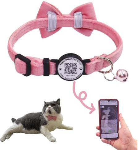 THAIN Personalisiertes Katzenhalsband mit Glocke und Fliege, Breakaway, QR-Code, Name, Smart-ID-Tag, Schnellverschluss, weich, bequem, Halsband für Katzen und Kätzchen, Rosa
