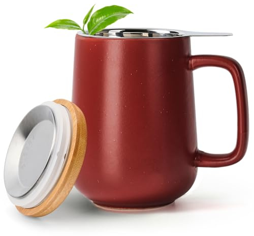 Happy Lemuro Tazza da tè con infusore e coperchio, tazza in ceramica da 500 ml con coperchio, tazza con infusore per tè con manico grande