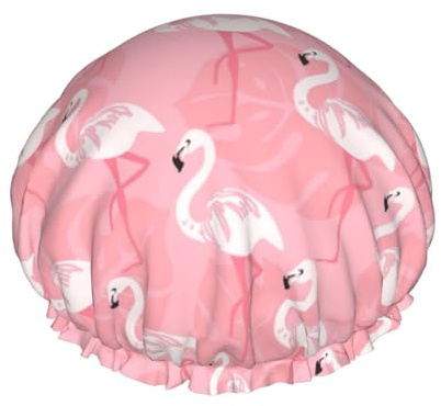 Wiederverwendbare Duschhaube für Damen, Cartoon-Badehaube mit rosa Flamingo, doppellagig, wasserdicht, Haarschutz für die Dusche, verstellbares Gummiband, Duschhut für den Home-Spa-Salon, Badehauben
