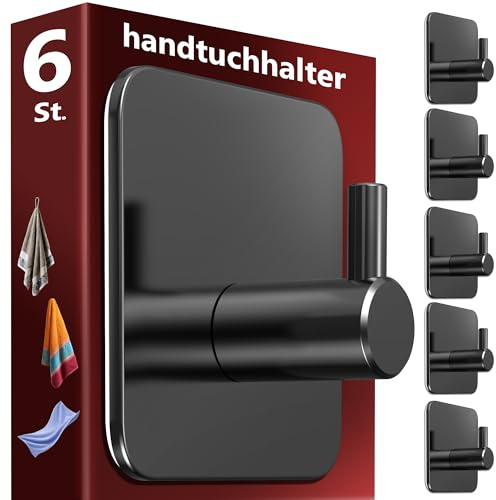 Menz Handtuchhaken ohne Bohren, 6 Stk. – Schwarze Handtuchhalter ohne Bohren für bombenfesten Halt, Edelstahl Klebehaken, Haken selbstklebend, starke Badezimmer Handtuchhalter, Bad Haken