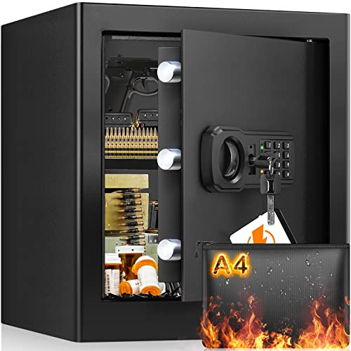 40L Fireproof Home Safe Box with A4 Fireproof Bag, Anti-Theft Fireproof Safe with Keypad Led Indicator, Security Digital Safe Box for Home Money Jewelry Medicines Documents
