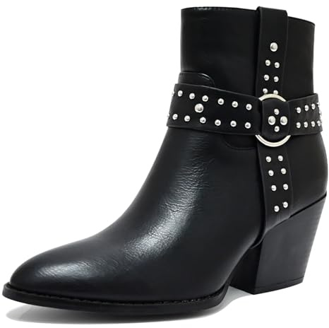 SICARE Chunky Stacked Heel Ankle Boots for Women Pointed Toe Chelsea Combat Boots Mid Calf Side Zipper Silver Studded Strap Heeled Booties Fall Dress Shoes,Black,Size 8