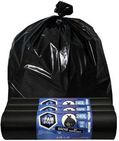 PAM-FOLIE Müllsäcke 240L - 30 Stück - Set- XXL, Dicke, Große Abfallsäcke, Premium - 120x130cm - 45µm - schwarzer Müllbeutel - Säcke für Bauschutt Abfalls - Ideale Säcke für 240-Liter-Behälter