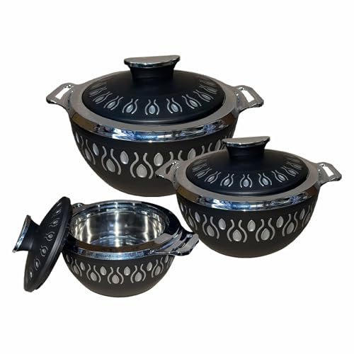(Set of 3) Casserole Serving Dishes with Lid & Handle - Black – Airtight Insulated Stainless Steel Inside, BPA-Free, Food Grade Kitchen Hot Pot Food Container (1000, 1500, & 2000ml)
