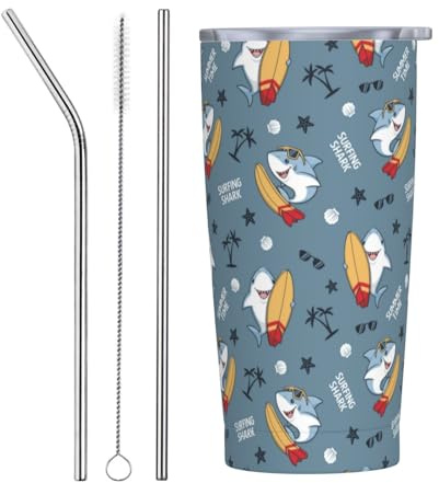 VOSERY Botella de agua de 20 onzas con tapa y popote, vaso aislado de tiburón surfista, vasos de acero inoxidable, taza de café de viaje, vaso personalizado