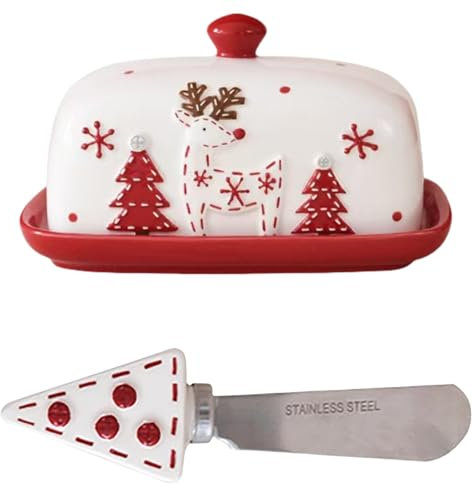 Yately Keramische Butterdose Buttermesser Set, Rentier und Baum gedruckt Butterschale mit Deckel, Butterplatten, Buttermesser, Western Food Dishes, Dim Sum Kekse(White)