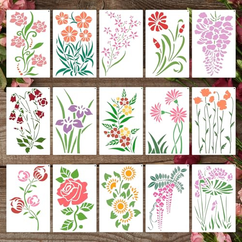 Dayker 15PCS Blumen Schablonen, Wildblumen Blatt Malerei Schablonen