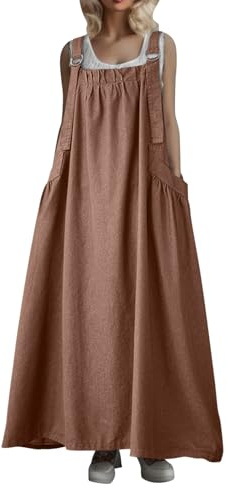 Minetom Robe en Jeans Salopette Femme Grande Taille Maxi Robe Été Vintage sans Manche Robe en Denim Longue Robe Salopette avec Poches A Marron XXL