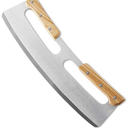 Cortador de pizza Rocker Acero inoxidable con mango de doble madera de 14 pulgadas Cuchillo de corte de pizza agarrada de 14 pulgadas Cuchillo de cuchilla con cubierta de cuchilla Herramienta de corte