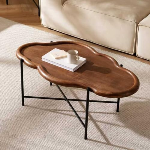 Cagnolier Couchtisch, Wolkenförmiger Holz Wohnzimmertisch mit Gehärtetes Glas, Sofatisch mit Schwarzen Metallbeinen, Moderner Coffee Table für Wohnzimmer, Schlafzimmer,90x54x40cm