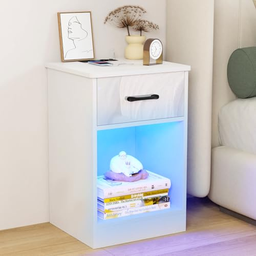 Ysgwsg Comodino Camera Da Letto, Con Scomparto Aperto & Cassetto, Comodinos Smart, Comodino Bianco Con Stazione Di Ricarica, Per il Soggiorno, Arredamento Camera Da Letto. (Bianco, Set di 1)