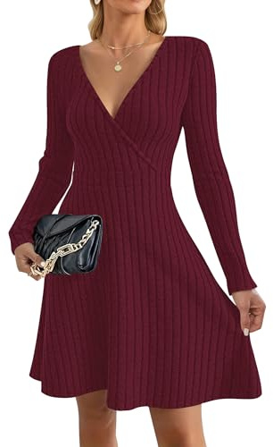 AUSELILY Jumper Dress for Women UK Autumn Winter Sexy V Neck Lightweight Flowy Elegant Ladies Dresses Knitted Long Sleeve Knee Length Wrap Dress for Wedding Party Wine Red L