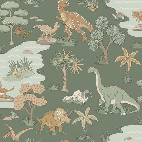 Holden Storybook Papier peint sur le thème du zoo de dinosaures avec vélociraptor T-Rex préhistorique serpents animaux pour chambre d'enfant, chambre d'enfant, garçons et filles, vert (14010)
