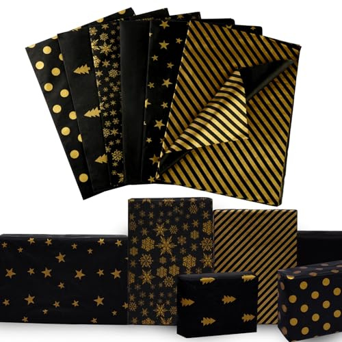 60 Blatt Seidenpapier Weihnachten, Schwarz-Gold Geschenkpapier Weihnachten,50 x 35cm Weihnachtspapier,Seidenpapier Verpackungsmaterial für DIY-Handwerk Dekor(6 Designs)