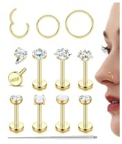 Morfetto 18G/16G Helix Piercings Chirurgenstahl Gold Silber Nasenpiercing Ring Stecker Lippenpiercing Studs 14K Vergoldet Nostril Labret Rook Medusa Conch Tragus Piercing Ohr Ohrstecker Set 6/8mm