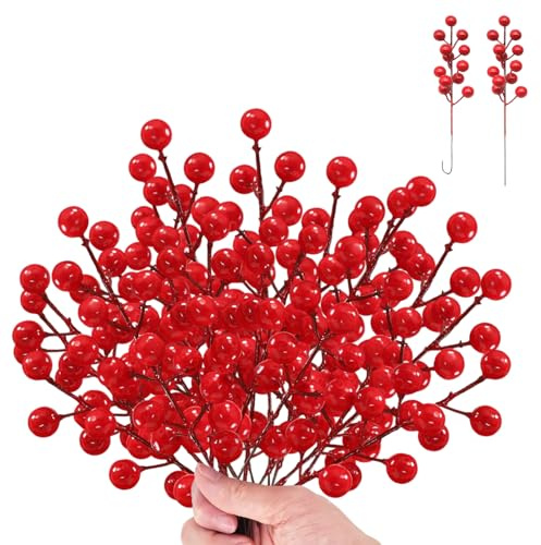 16 steli di bacche rosse artificiali natalizie, 20 cm, bacche di agrifoglio rosso bordeaux, rami di agrifoglio artificiali, ornamenti per albero di Natale, fai da te, ghirlande natalizie e decorazioni