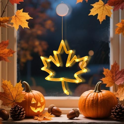DZAY Herbst Deko Innen Lichterkette Beleuchtung,Hängende Lichterkette mit Saugnapf von Batteriebetriebene Herbstdekoration Lichterketten Fensterbeleuchtung Herbstdeko Innenleuchten (Ahornblatt*1)