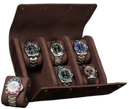 AWHZngE Custodia per 6 orologi, in pelle, per conservare orologi da uomo, organizer per orologi da uomo, astuccio arrotolabile per gioielli (marrone, 6 scomparti)