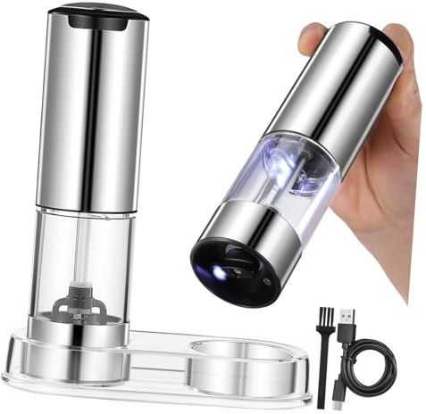 DOITOOL 2 Pièces Moulin à épices électrique inox avec base chambre transparente grossièreté mécanisme céramique set