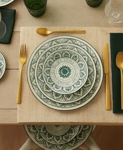 Servizio Piatti 18 Pezzi in Gress Porcellana Colorata – Elegante, Lavabile in Lavastoviglie – Stile Moderno per 6 Persone modello mandala (verde)