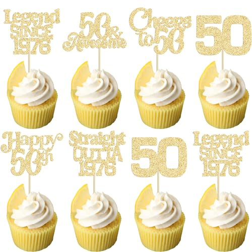 Ephlyn 30Pcs 50th Birthday Cupcake Toppers Glitter Fifty Happy 50th Straight Outta 1976 Cupcake Picks for Cheers to 50 Years Birthday Wedding Anniversary Party Decoration Supplies Black