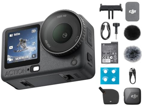 DJI Osmo Action 6 Essential Combo mit Mic Mini Sender Combo, Action-Cam 4K mit 1/1,1″-Quadratsensor, Variable Blende von f/2,0-f/4,0, kältebeständig, 4 Std. Akku