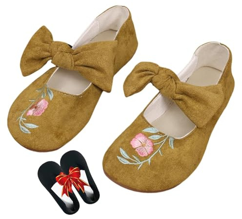 Hxprnoetxy Mocasines casuales para mujer con bordado floral, zapatos planos Mary Jane con lazo, para boda, fiesta, bailarina, zapatos planos, Amarillo, 41.5 EU