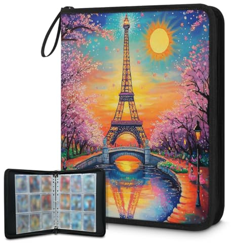 Mexpekil Tower Paris Classeur coloré à 9 pochettes avec 50 pages à chargement latéral pour 900 cartes, fermeture éclair, album de cartes à collectionner étanche
