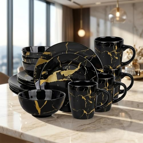 Alivio 16-Piece Premium Porcelain Dinnerware Set, Black & Gold Marble Design, Scratch-Resistant, Luxury Tableware Collection