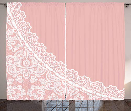 ABAKUHAUS rosa, Weiß, Rustikaler Gardine, Spitze Stil Grenze, Schlafzimmer Kräuselband Vorhang mit Schlaufen und Haken, 280 x 175 cm, Hellrosa Weiß