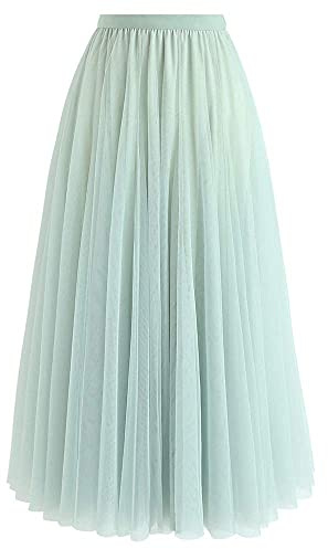 Chicwish Damen Flieder Creme Grau Rosa Schwarz Layered Mesh Ballett Ball Party Tüll Tutu A-Linie Maxi Rock - Grün - S/M