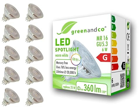 10x greenandco CRI 97+ 2700K 110° LED-spot ersätter 25W GU5.3 MR16 halogenstrålkastare, 6W 360lm varmvit 12V AC/DC, flimmerfri, inte dimbar