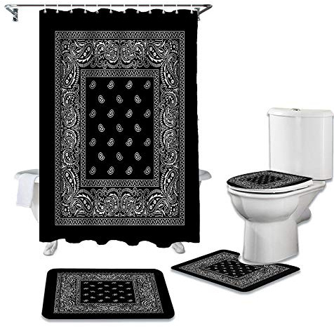 ZGDPBYF 4-Piece Bathroom Set - Black & White Mandala Bandana Pattern Shower Curtain, Rug, Toilet Lid Cover & Bath Mat