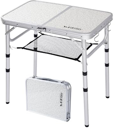 YUFIFAIRY Small Folding Camping Table, 2ft Portable Table with 3 Adjustable Heights, Aluminum Lightweight Foldable Picnic Table with Mesh Layer and Extension Legs for RV, BBQ and Indoor (Silver)