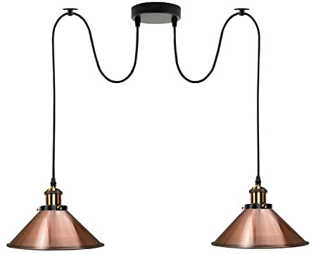 LEDSone Industrial Vintage Double Pendant Light Adjustable 2 Head Ceiling Hanging Lamp with 200cm Cord E27 Sockets Metal Shades for Kitchen, Dining Room, Living Room, Bar, Café (rame)