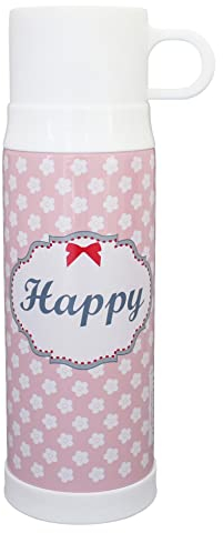 Krasilnikoff Thermoskanne Happy Rosa Blumen 500 ml Isolierflasche mit Becher