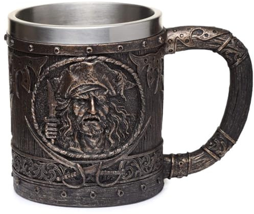 Puckator Pirate Tankard with Brushed Gold Wood Effect - Pint Glass - Viking Goblet - Fantasy Home Decoration - Beer Mugs - Viking Cup - Cool Glasses for Drinking - Tankers for Men - Resin