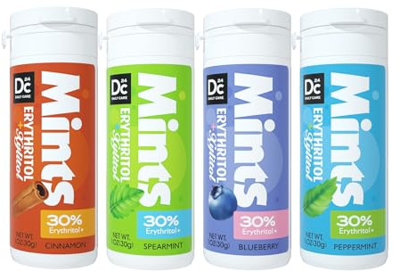 DC24 DAILY CARE Mint, 4 Dispenser mit je 30 Mints-Pastillen, Xylit Erythrit Bonbons, Menthol, Frucht und Zimt Menthol Geschmack, kein Aspartam Zuckerfrei & Vegan, Bonbons für frischen Atem