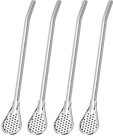 4PCS Reusable Stainless Steel Drinking Straws with Filter Spoon, Tea Drinking Straws Spoon Detachable Coffee Stirring Spoon, 7inch Long