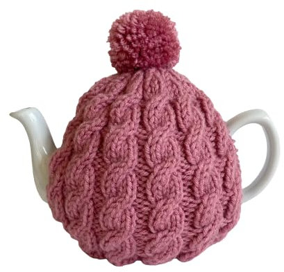 Pink Hand Knitted Cable Tea Cosy, Fits 4 to 6 Cup Teapot