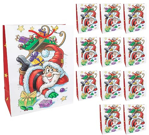 Idena 30345-12 - Geschenktüten Santa, 12 Stück, 26 x 32 x 12 cm, Papiertüten, Geschenktaschen, Weihnachtstüten
