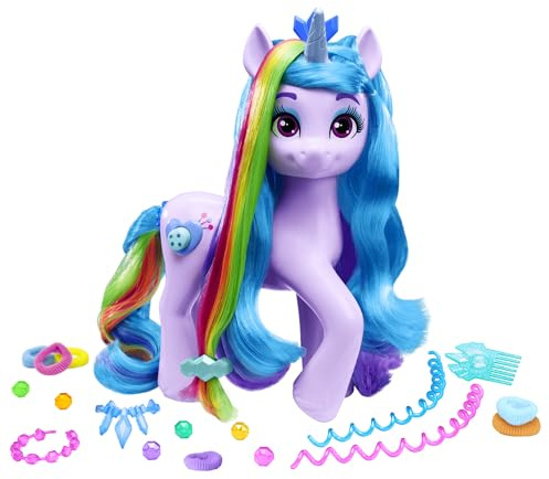 My Little Pony Izzy Moonbow Interaktives Einhorn – 25+ Reaktionen, Versteckte Regenbogensträhne, Drehbarer Schweif, 17 Haarstyling-Accessoires, Sound & Sprache, 24 cm, Spielzeug für Mädchen