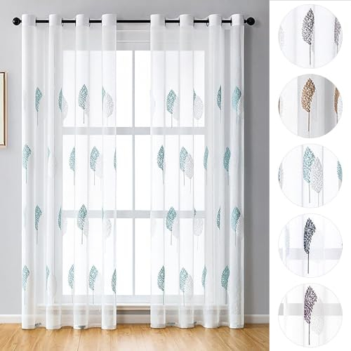 BYSURE Set di 2 tende da ricamo con occhielli, in voile, motivo floreale, 130 x 160 cm, turchese